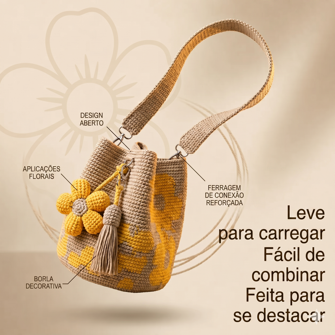 Bolsa tote de croché artesanal com padrão floral. Acessório único feito à mão para mulher, ideal para o dia a dia.