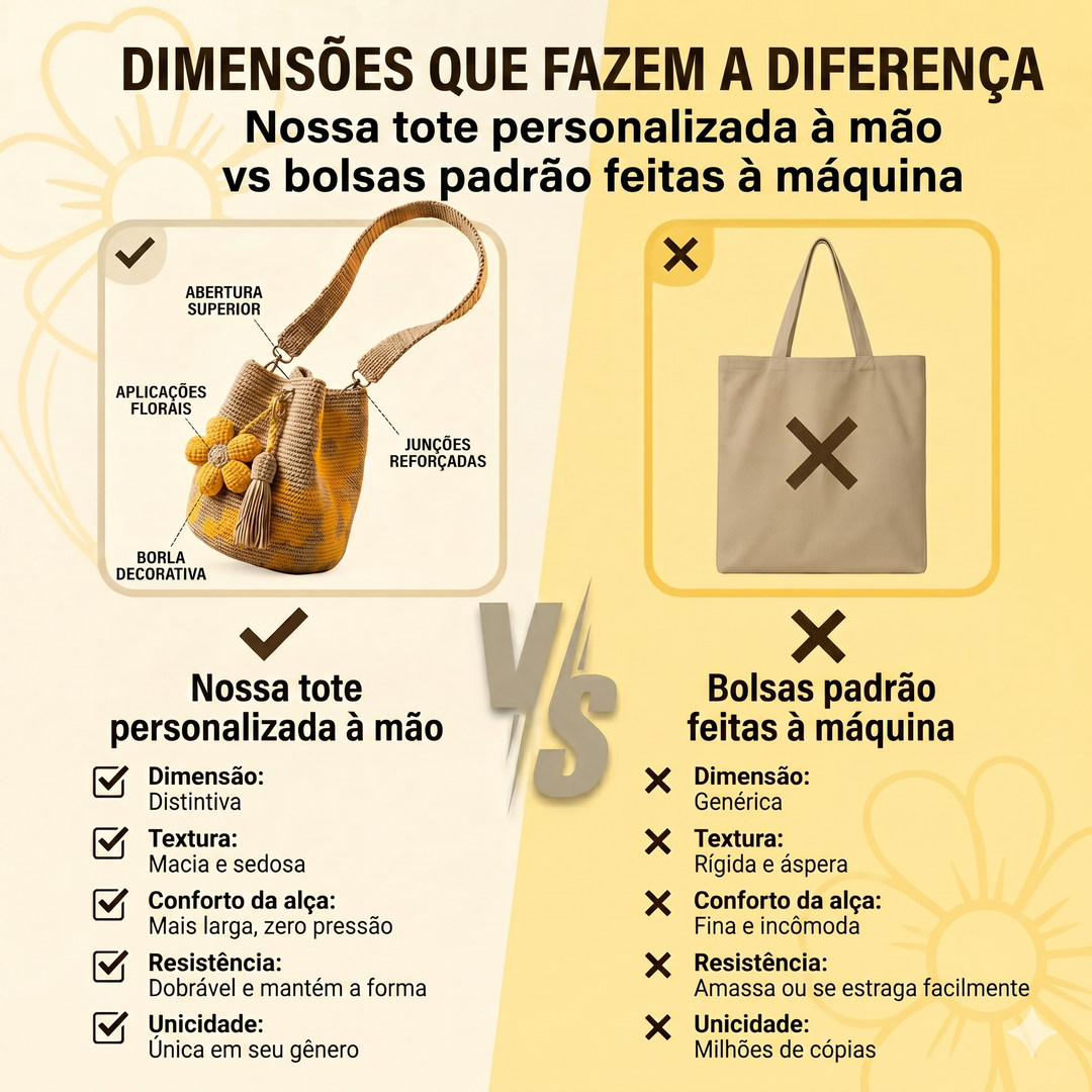 Detalhe do saco tote de croché floral. Padrão único de algodão, trabalho artesanal para um estilo distinto de mulher.