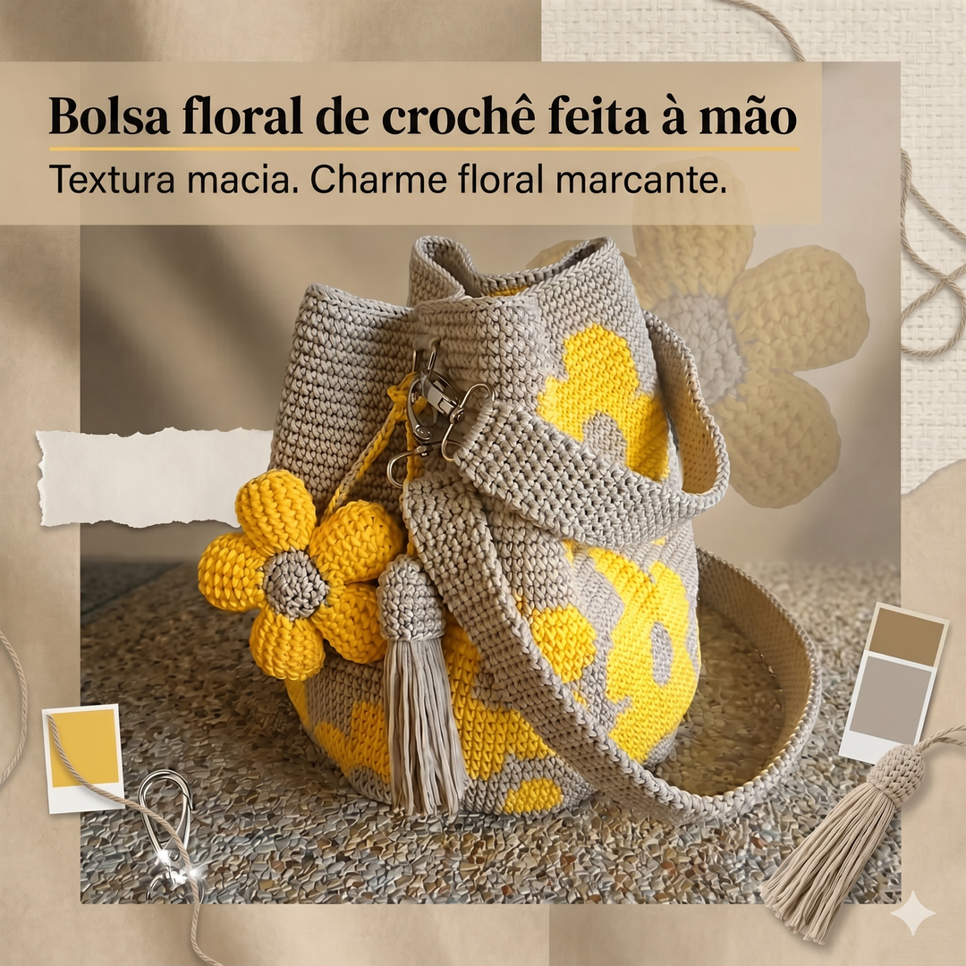 Saco tote floral de croché feito à mão para mulher. Bolsa artesanal de algodão, perfeita para verão e primavera.
