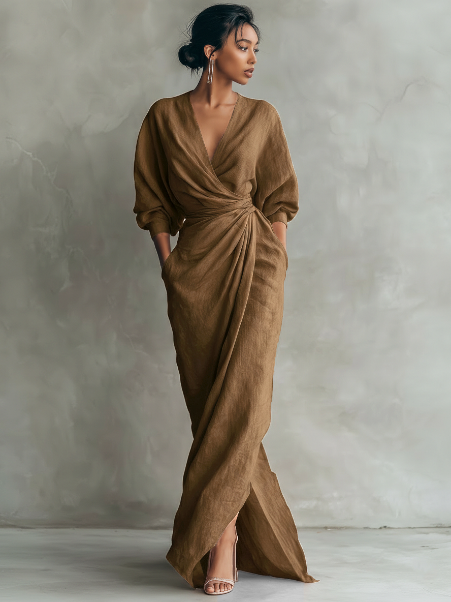 Vestido feminino elegante minimalista com decote V profundo, para um look sofisticado de primavera.
