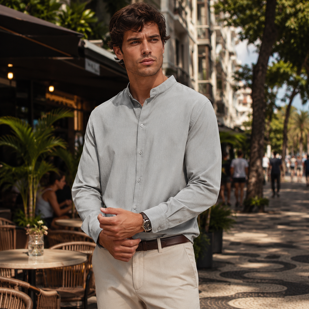 Roupa masculina: camisa de linho respirável para verão, manga longa e botões, muito conforto.