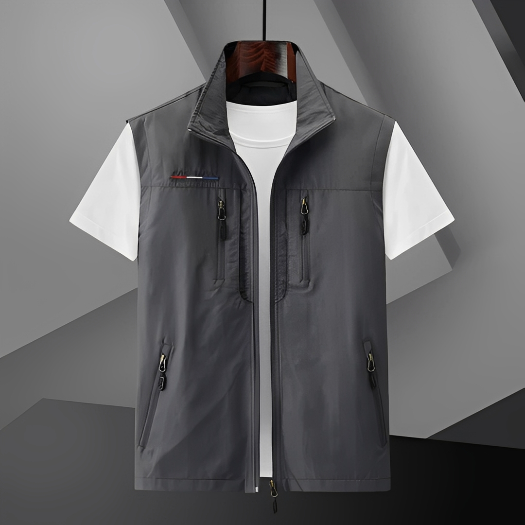 Colete masculino casual, sobreposição versátil para moda masculina. Estilo moderno para o dia a dia, roupa sem mangas.