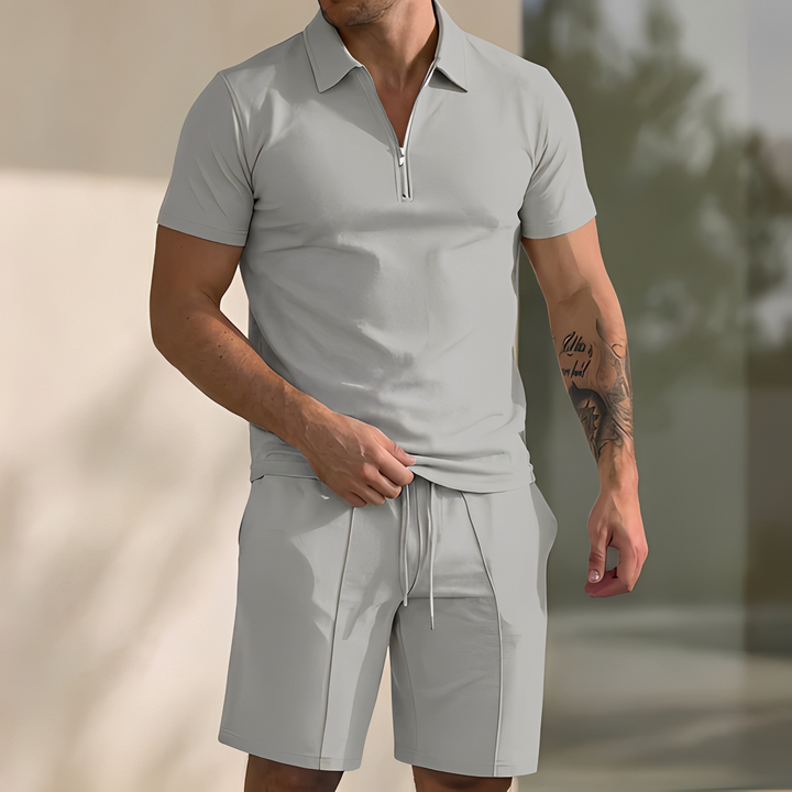Conjunto de verão masculino, estilo moderno e confortável. Polo e calções ideais para um look descontraído.