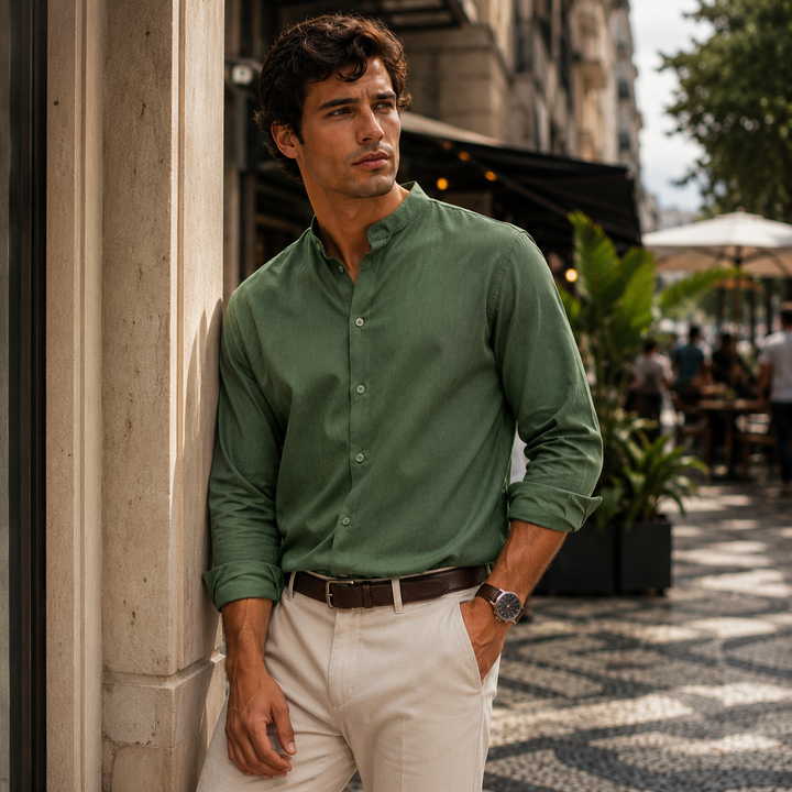 Moda masculina: camisa de linho respirável, manga longa, botões, conforto e estilo verão.