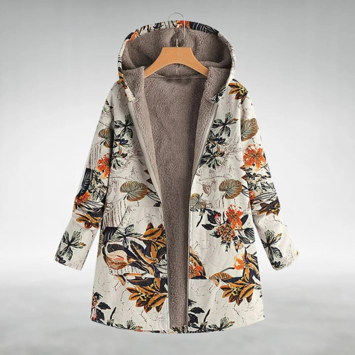 Jaqueta floral feminina com estampa vibrante, ideal para looks elegantes e confortáveis de outono e inverno. Moda e estilo.