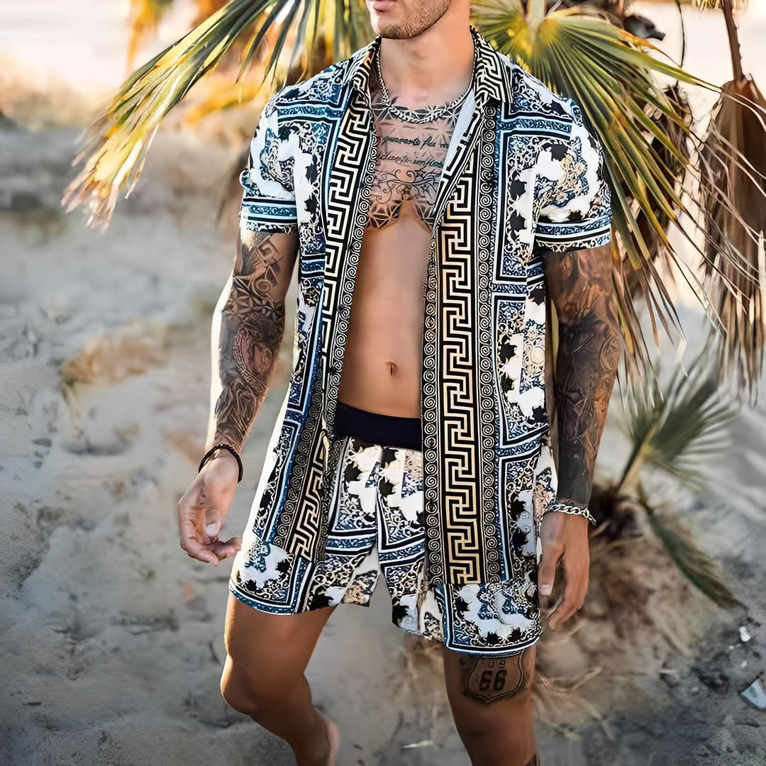 Conjunto masculino de verão branco, estilo relaxado para conforto casual e moda praia. Perfeito para o calor.