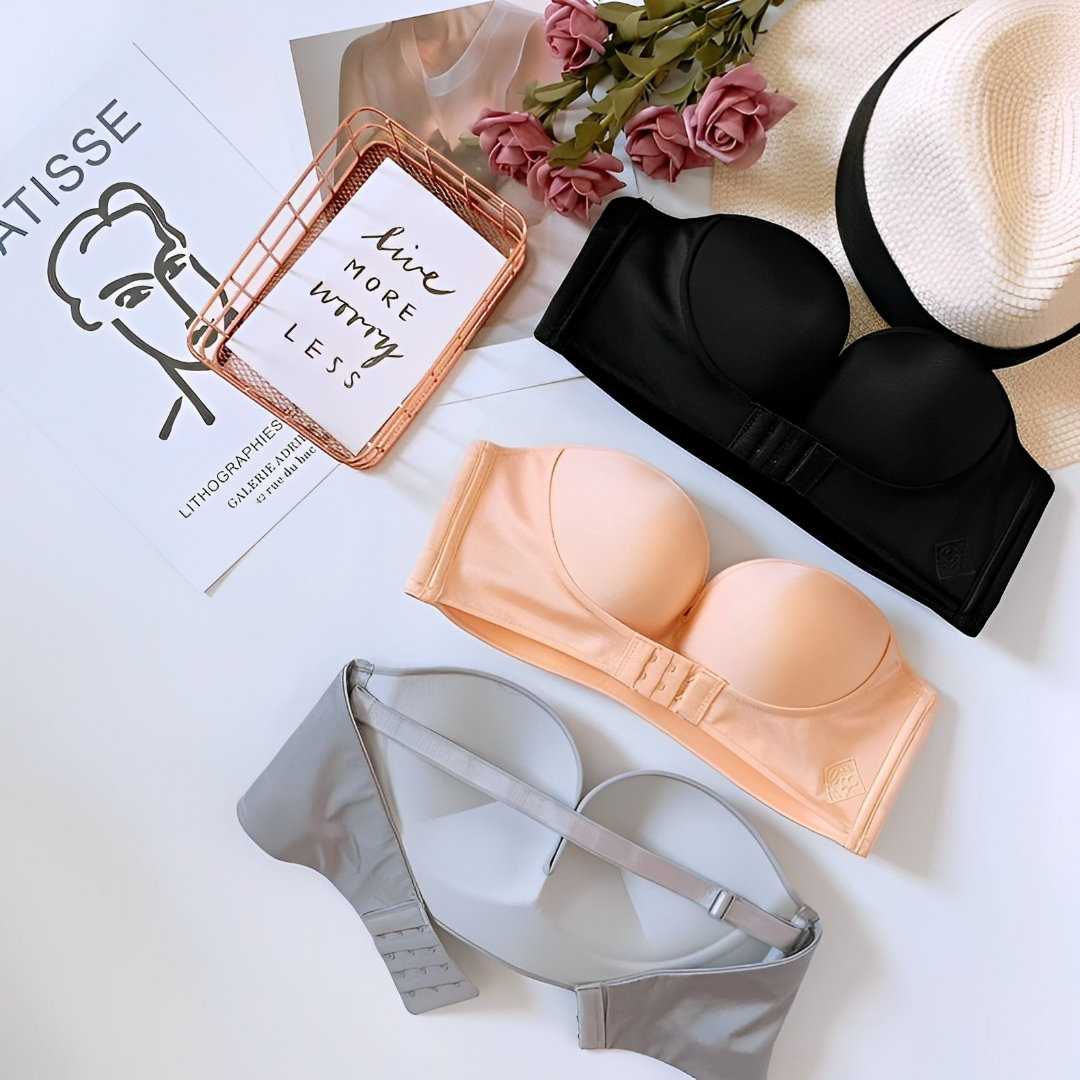 Sutiã push-up feminino que realça o busto, sem alças, para conforto e estilo em qualquer roupa.