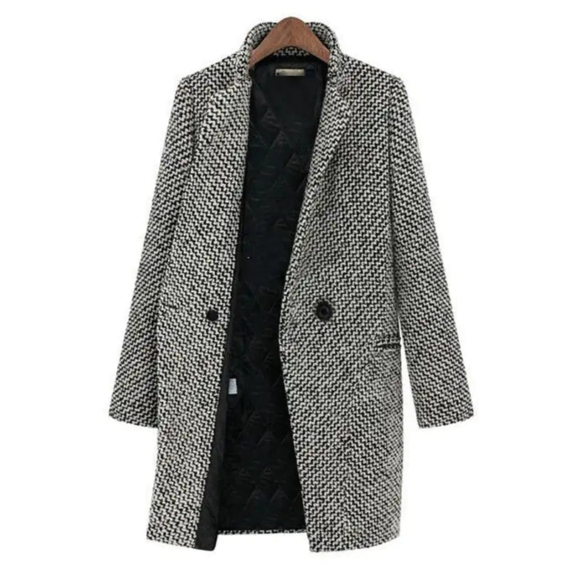 Casaco feminino midi elegante pied-de-poule para outono/inverno. Casaco longa versátil de estilo e conforto para mulher.
