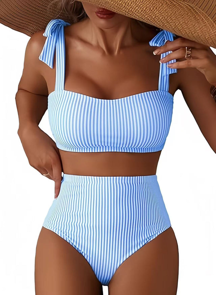 Biquíni feminino de duas peças, top e calcinha cintura alta com laço, para o verão.