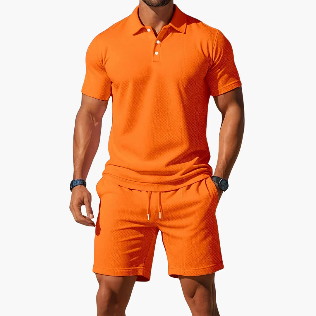 Camisa polo masculina e bermuda respirável, conjunto de verão para um visual casual e moderno.