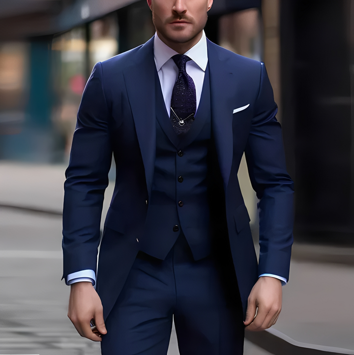 Terno de negócios masculino slim fit, formal e confortável, conjunto de três peças para profissionais.