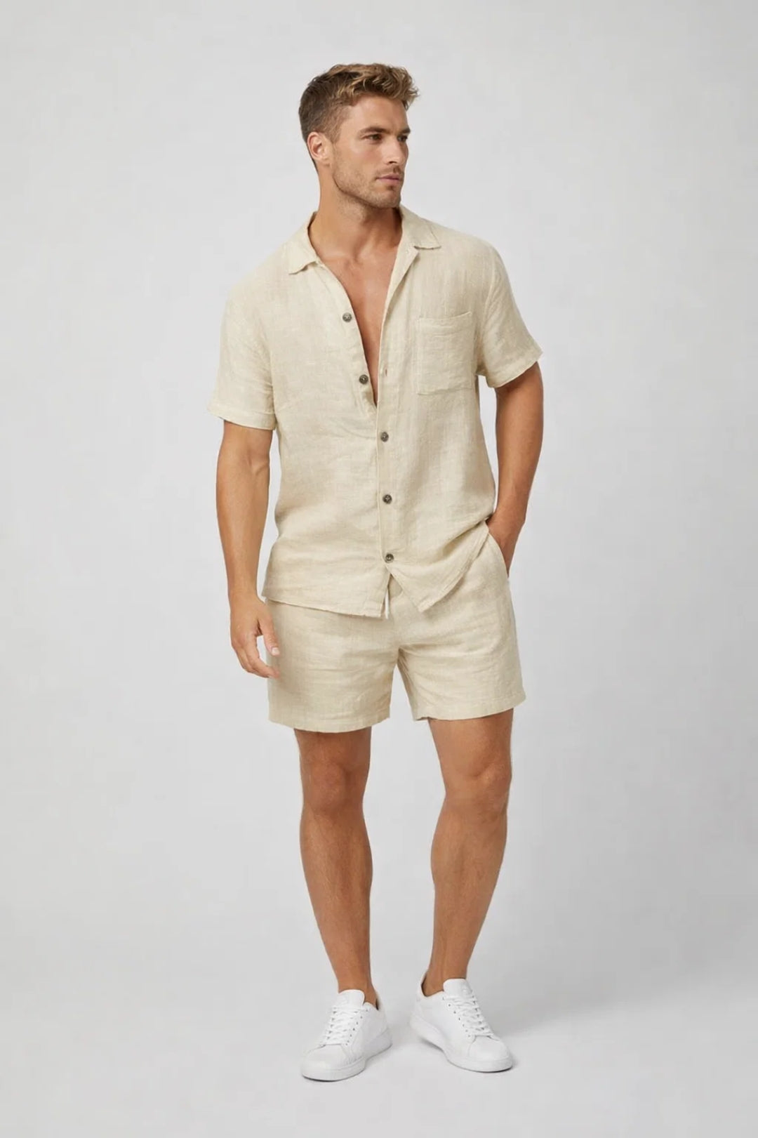 Bermudas masculinas casuais com botões, estilo moderno para o verão e conforto em dias quentes.