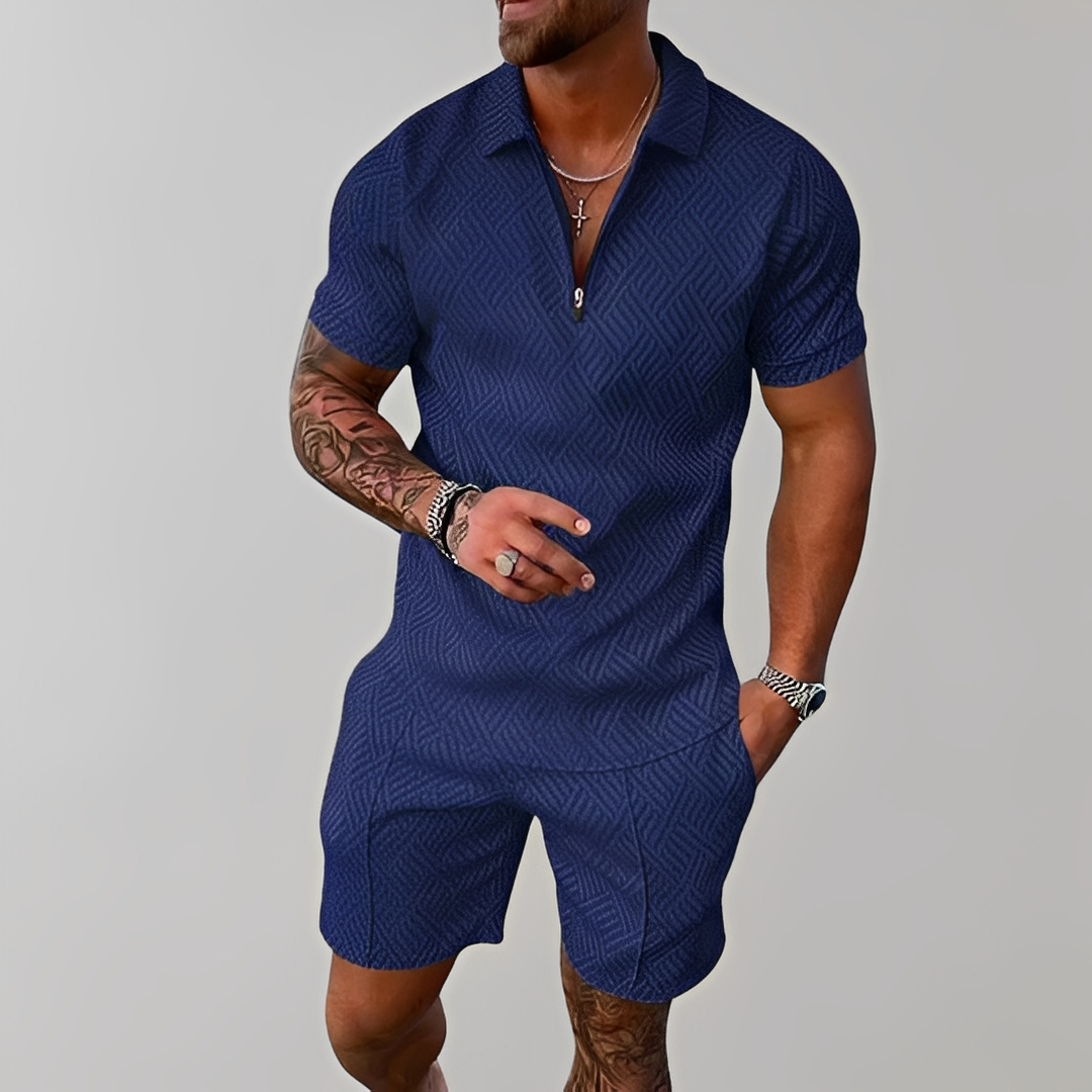 Conjunto masculino de verão com shorts e camiseta para estilo casual, perfeito para praia ou lazer.