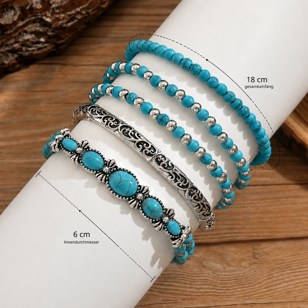 Pulseiras femininas Azura, conjunto boêmio com pedras turquesa e acabamento prateado, acessório de moda.