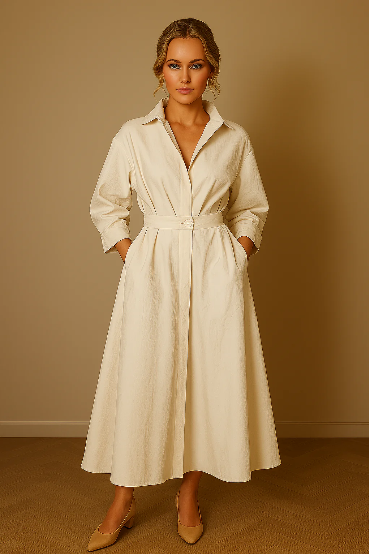 Vestido longo feminino Mathilde bege, elegante e confortável. Ideal para looks casuais chiques e atemporais.