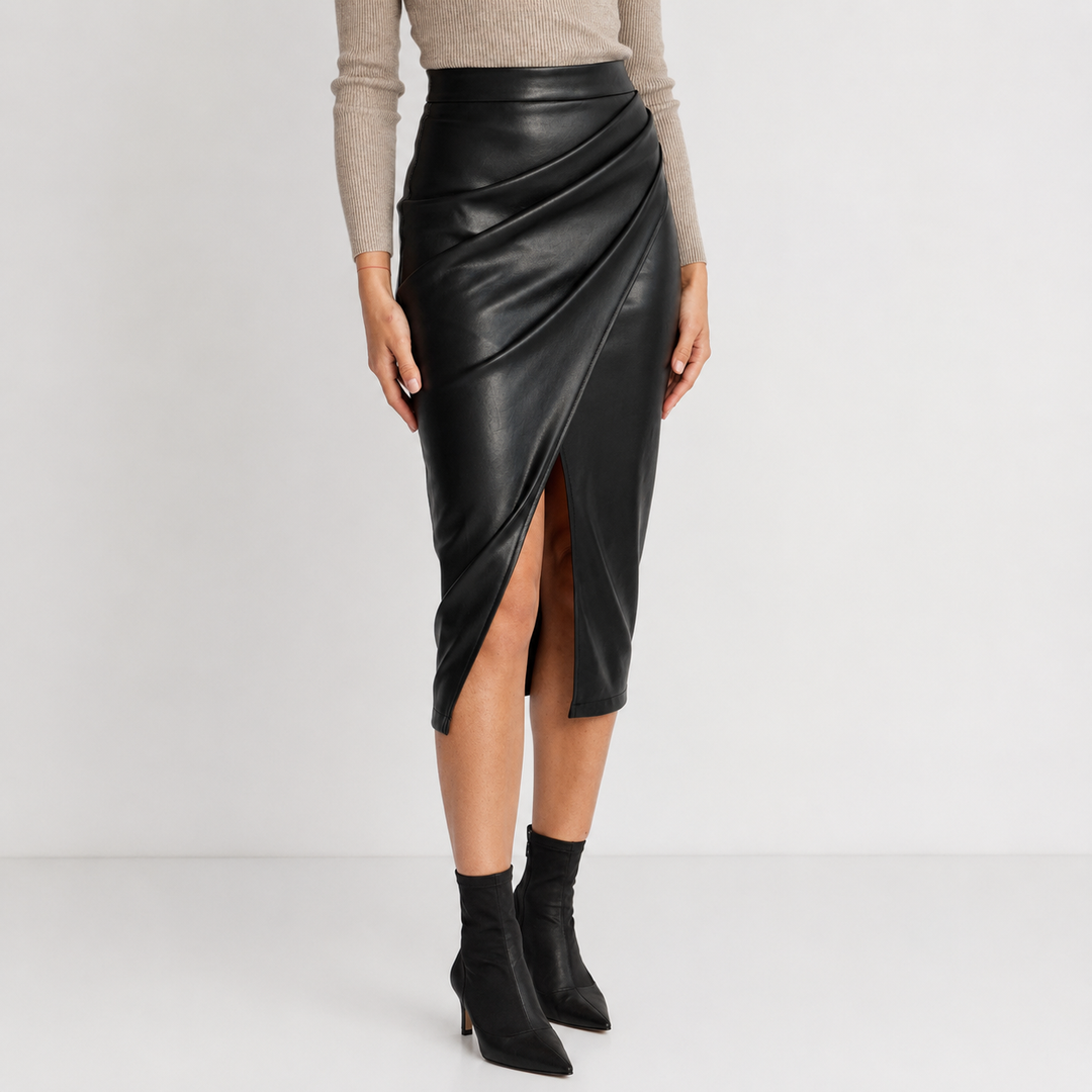 Saia midi feminina elegante, ideal para looks de trabalho ou casual chic. Peça versátil para outono/primavera.