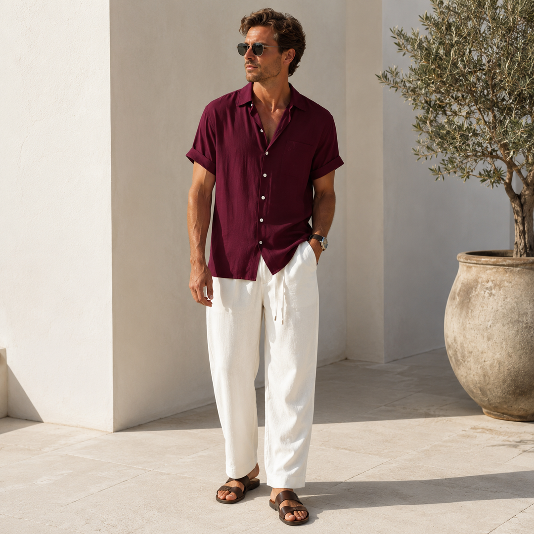 Conjunto casual masculino de verão, com camisa e shorts coordenados, oferecendo conforto e estilo para o dia a dia.