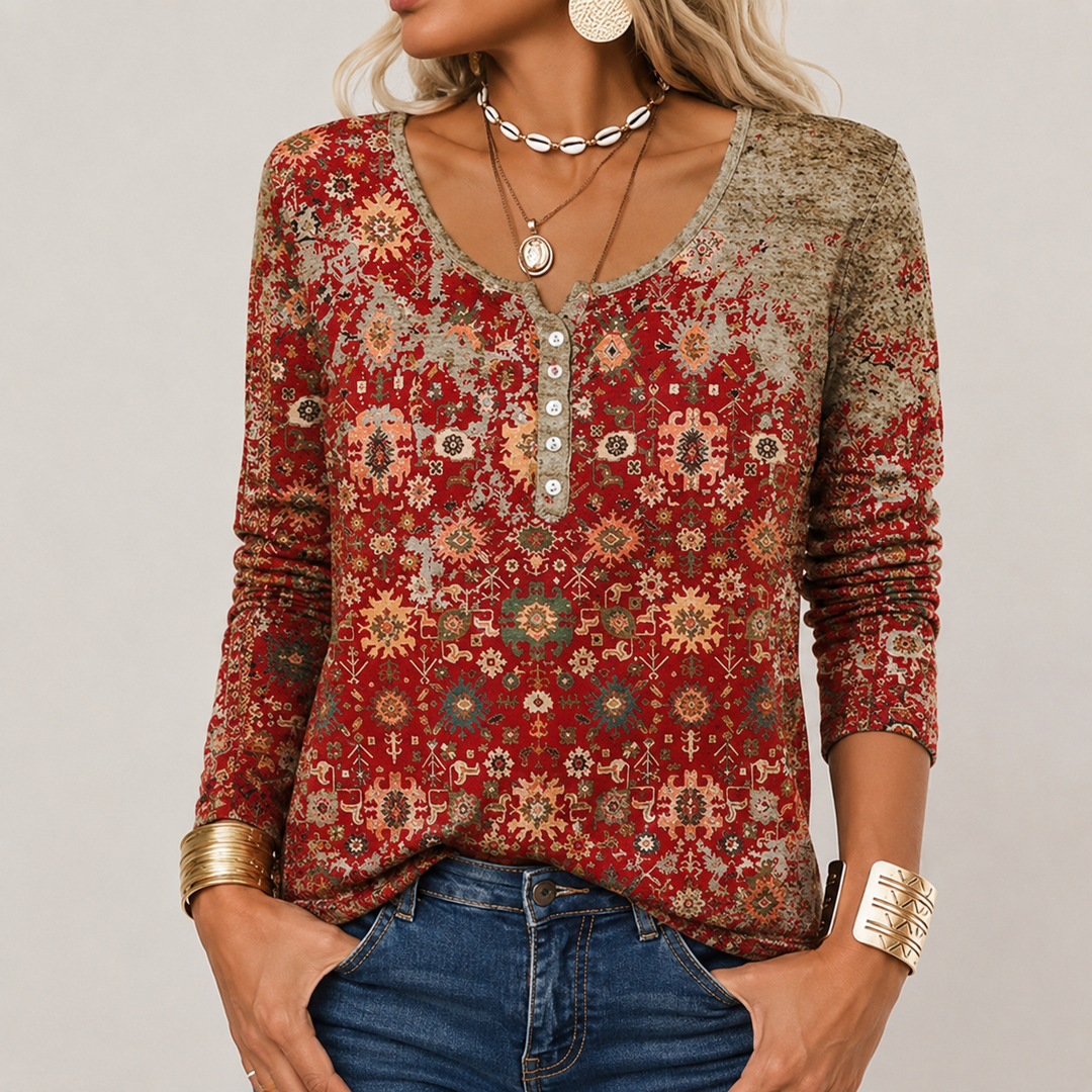 Suéter feminino elegante com estampa asteca colorida. Ideal para moda inverno e roupa casual. Blusa de frio manga longa.