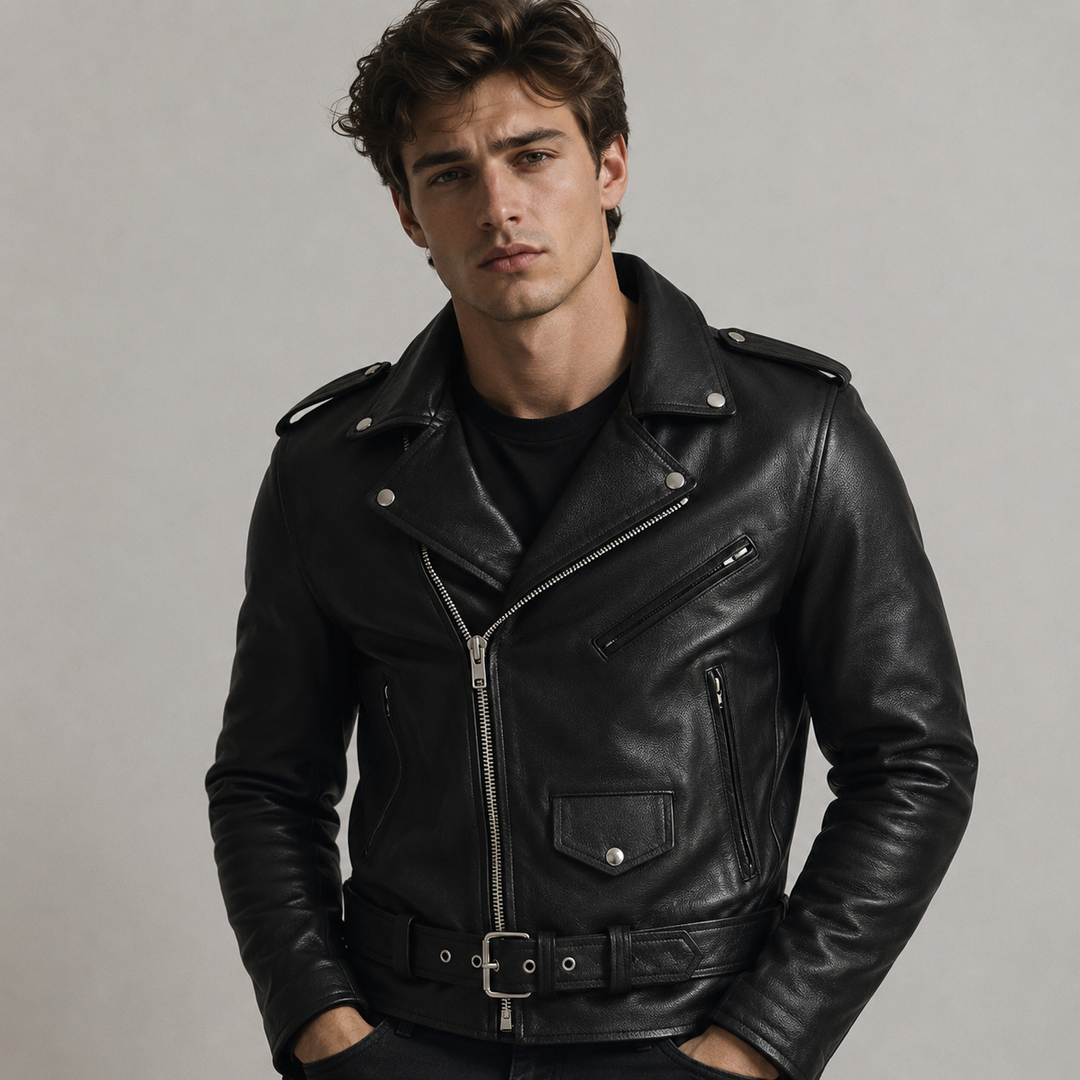Jaqueta masculina moderna preta com múltiplos bolsos com zíper e gola alta para estilo urbano casual. Moda outono inverno.