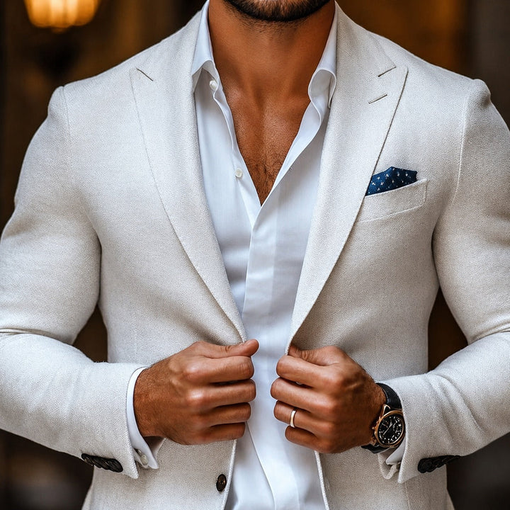Blazer masculino branco com lapela, peça chave para um guarda-roupa elegante. Moda masculina versátil, casual e social.