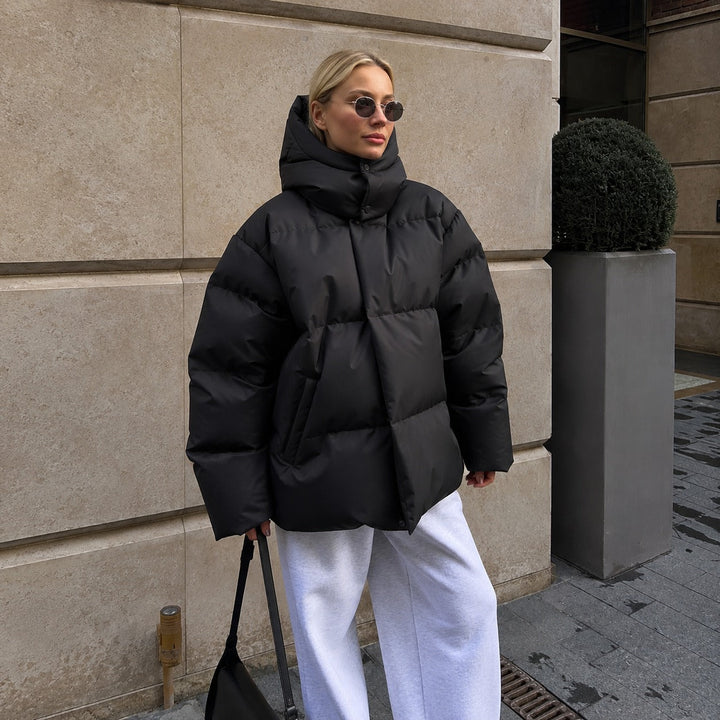 Jaqueta feminina de inverno acolchoada com capuz, casaco elegante para o frio e outono.