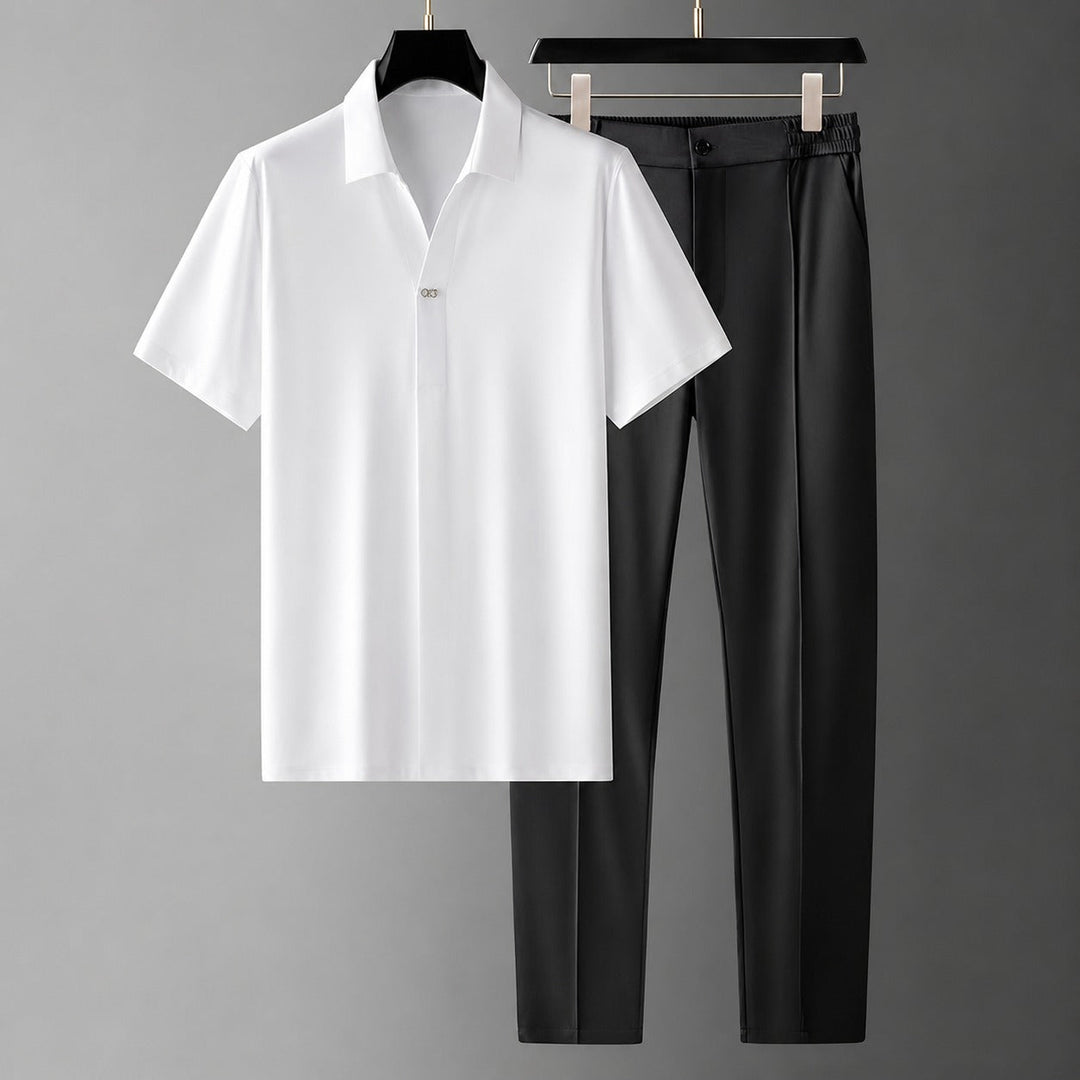 Conjunto masculino casual elegante. Polo e calça confortáveis, ideais para estilo dia a dia e verão.
