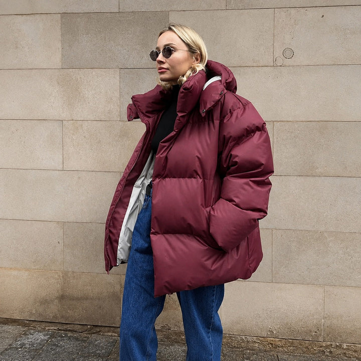 Jaqueta feminina acolchoada para inverno, estilo casaco agasalho com capuz.
