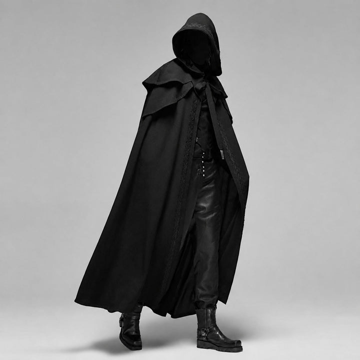 Capa masculina gótica preta com capuz, perfeita para estilo misterioso, cosplay e outono inverno.