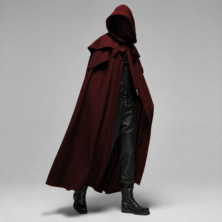 Capa masculina gótica versátil com capuz, para moda alternativa, festivais e um look dramático.