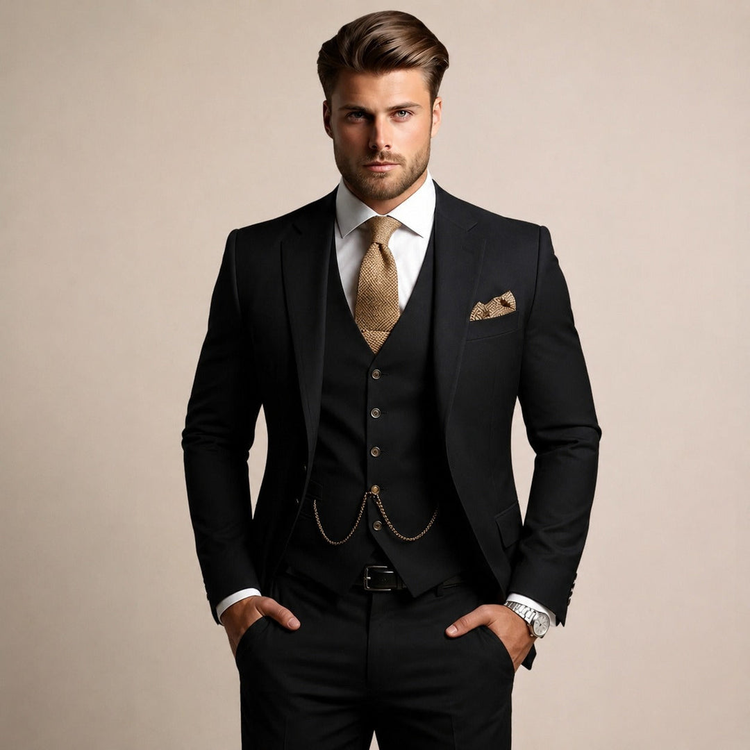 Conjunto social masculino elegante para negócios. Terno formal de 3 peças (paletó, colete, calça) em corte moderno.
