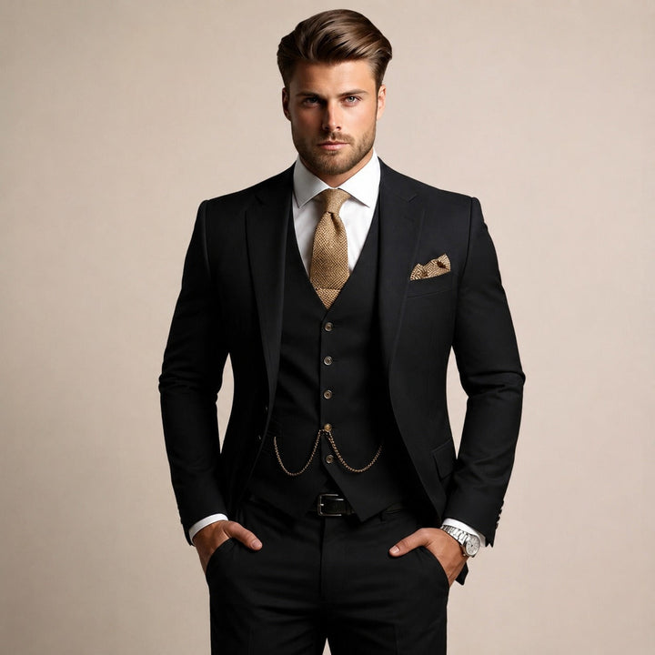 Conjunto social masculino elegante para negócios. Terno formal de 3 peças (paletó, colete, calça) em corte moderno.