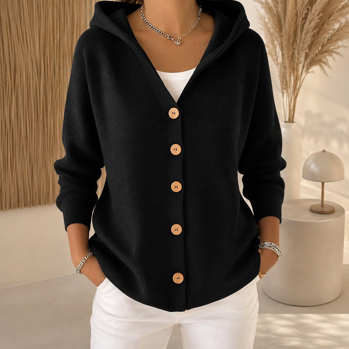 Cardigã feminino aconchegante e casual, com capuz e manga comprida, para os dias de inverno.