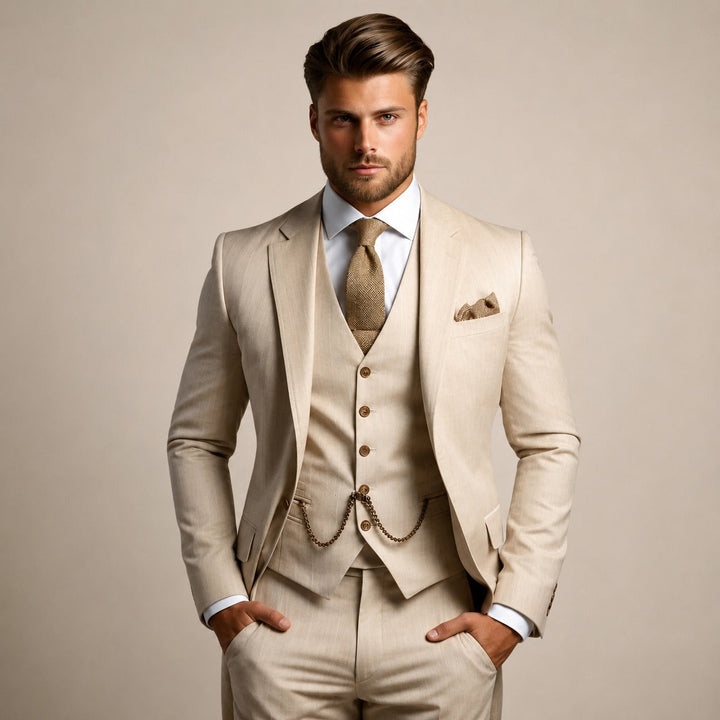Terno masculino formal de três peças elegante (paletó, colete, calça social) para eventos e negócios.