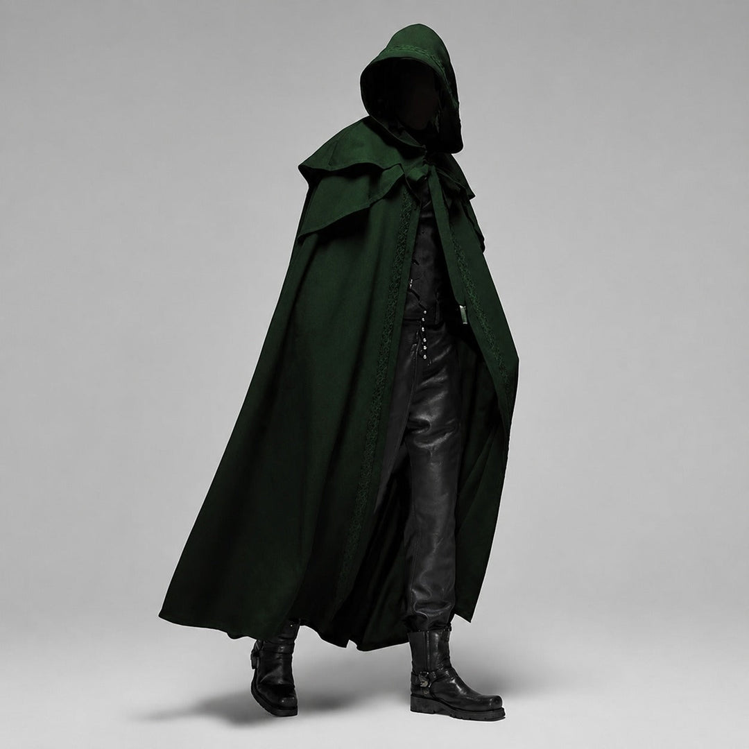 Capa masculina gótica com capuz azul, ideal para um estilo misterioso e único no outono inverno.