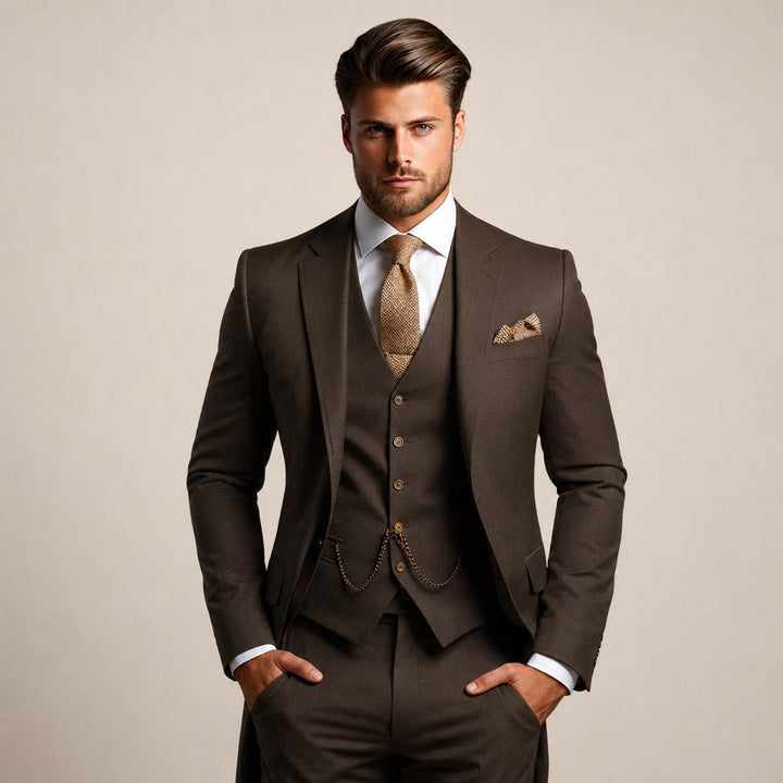 Terno masculino elegante para eventos, casamentos e reuniões de negócios. Conjunto formal de 3 peças.