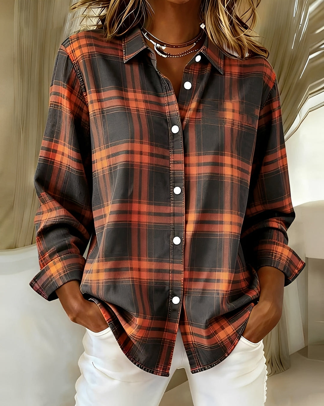 Camisa Feminina Casual Xadrez de Manga Longa Confortável, essencial para um visual versátil e aconchegante.