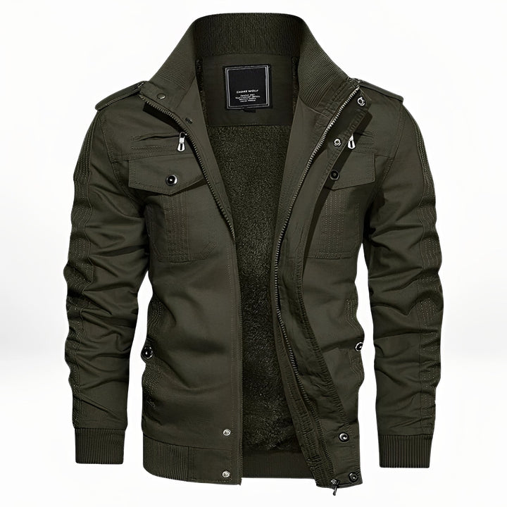 Jaqueta masculina de inverno preta com bolsos, ideal para o frio, oferece aquecimento e estilo.
