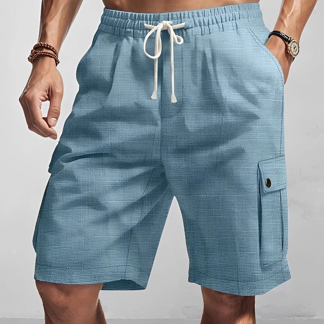 Calções cargo masculinos práticos para viagens e passeios de verão. Bolsos úteis e conforto diário.