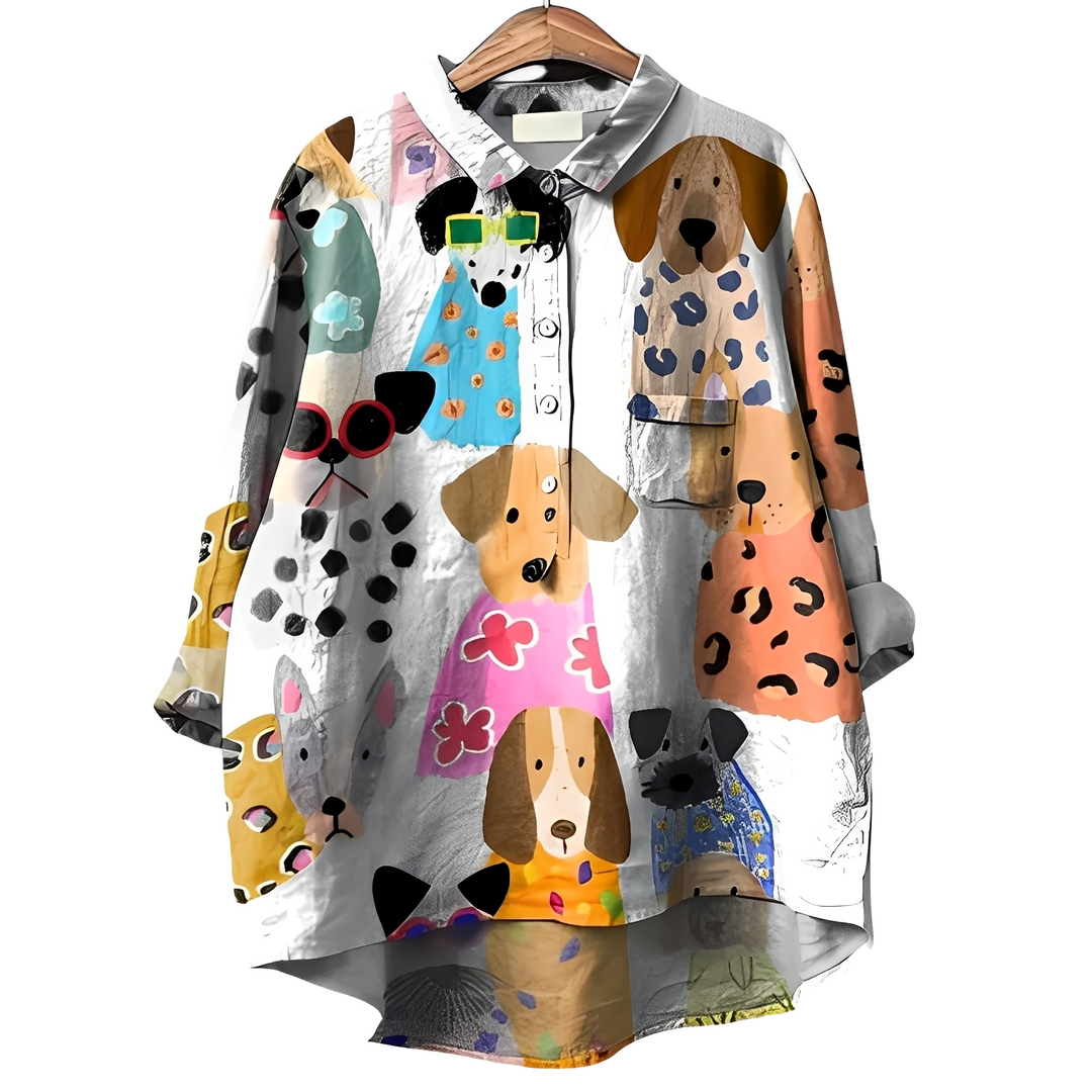 Blusa feminina manga longa estampada com adorável estampa de cachorro, ideal para moda casual e outono inverno.