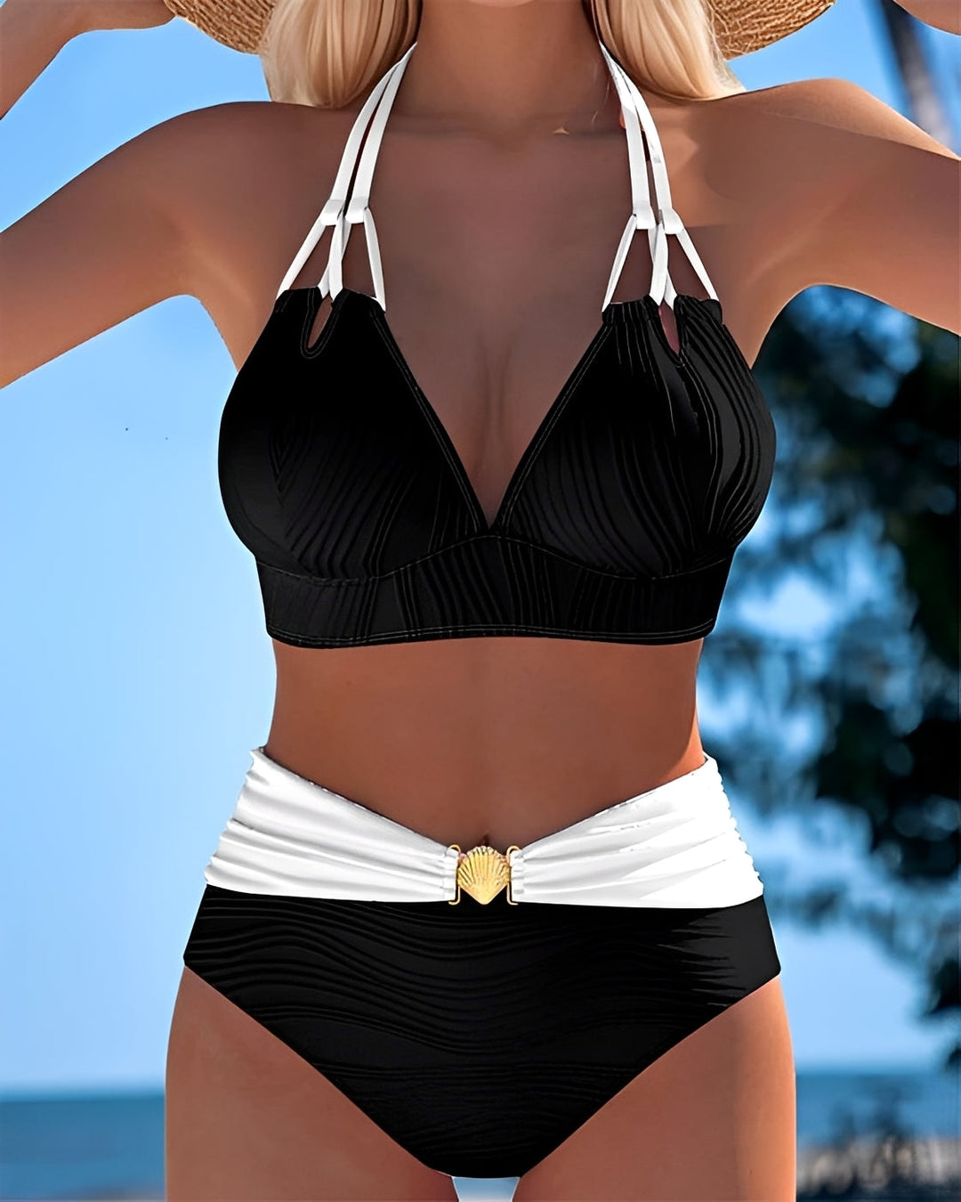 Biquíni feminino de cintura alta para praia, design moderno e confortável, roupa de banho perfeita para o verão.