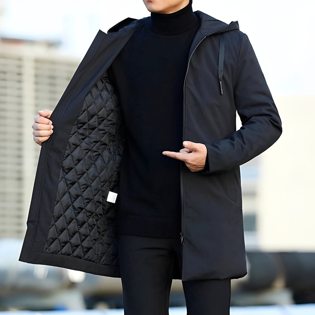 Casaco masculino de inverno elegante e impermeável, ideal para dias frios e chuvosos.