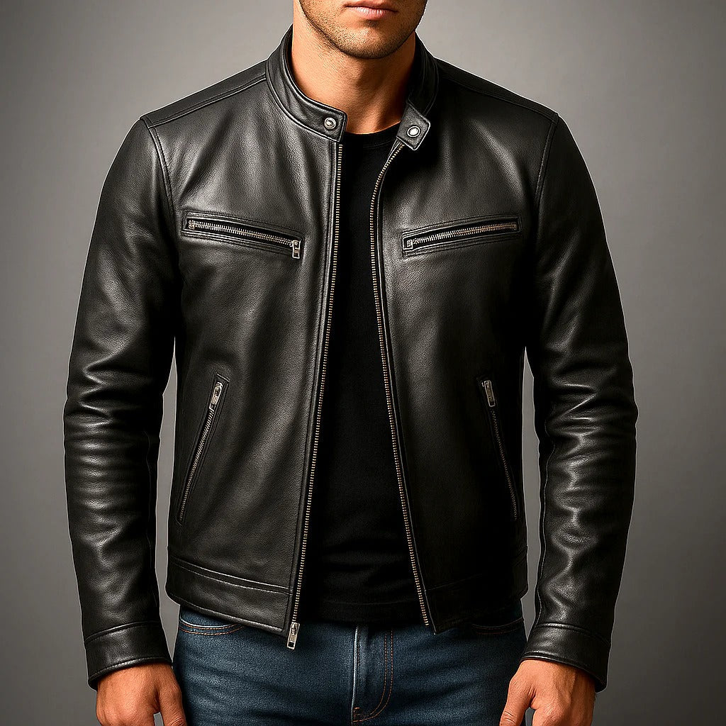 Jaqueta masculina motoqueiro marrom, estilo clássico atemporal. Perfeita para moda masculina e roupa casual. Durável e estilosa.