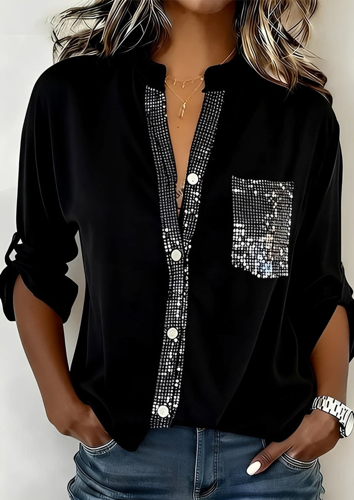 Camisa top feminina com lantejoulas para um look de festa e noite. Design com brilho e glamour para eventos especiais.