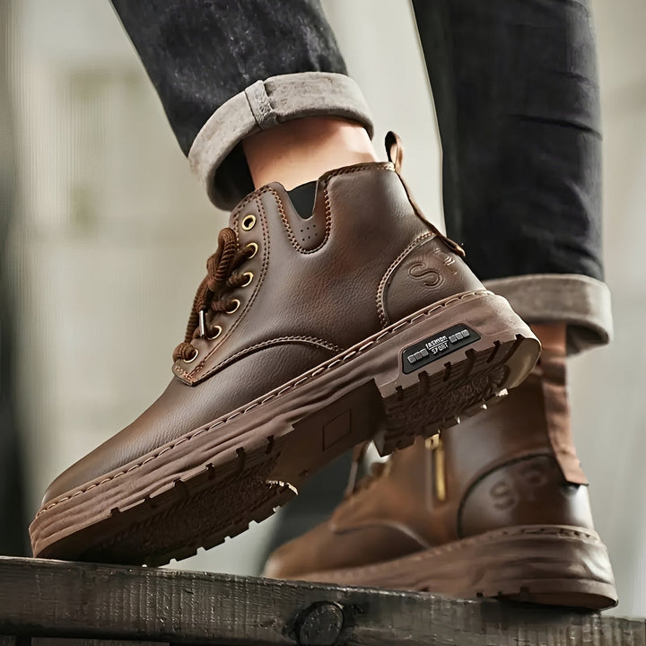 Botas masculinas retrô marrom, calçado impermeável e confortável, perfeito para moda masculina e uso diário.