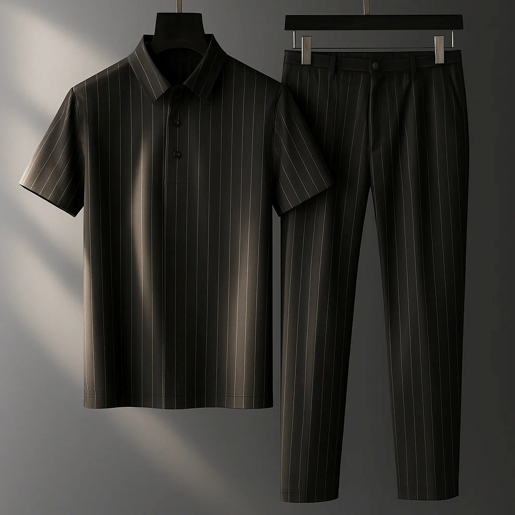 Polo listrado e calça, conjunto masculino casual para verão. Peças confortáveis de moda masculina, ideal para o dia a dia.