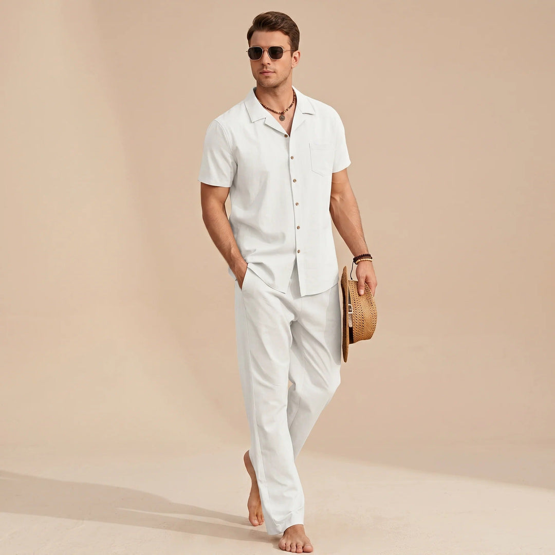 Camisa e calça casual masculina, conjunto de verão relaxado para passeios e lazer em dias quentes.