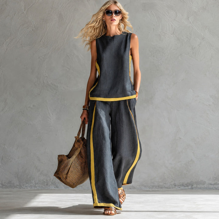 Estiloso conjunto feminino sem mangas, de caimento solto, ideal para a moda casual de verão e viagens.