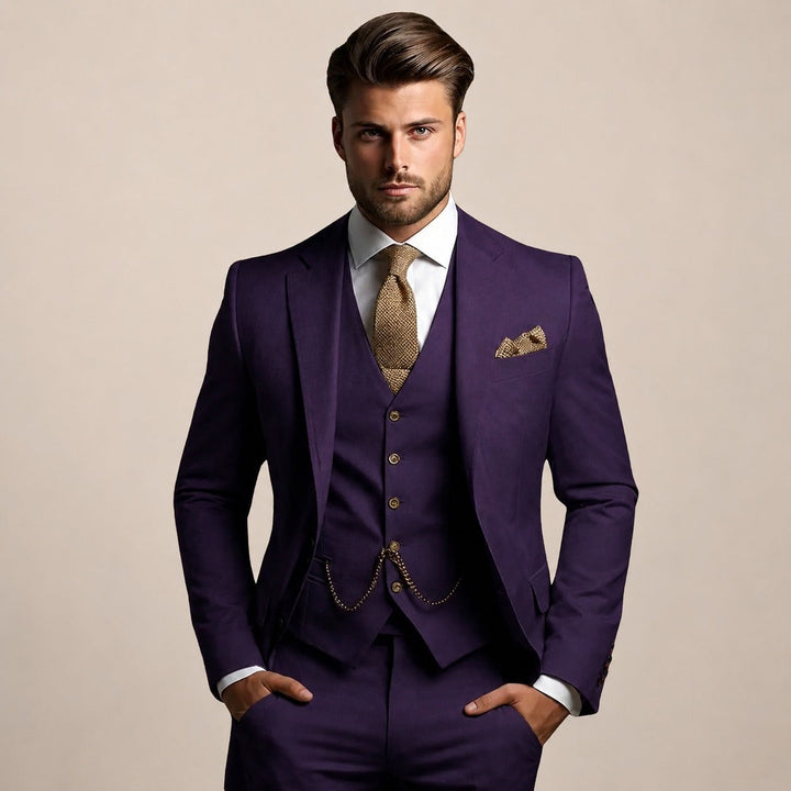 Moda masculina clássica: Terno formal 3 peças (paletó, colete, calça) elegante e atemporal para eventos.