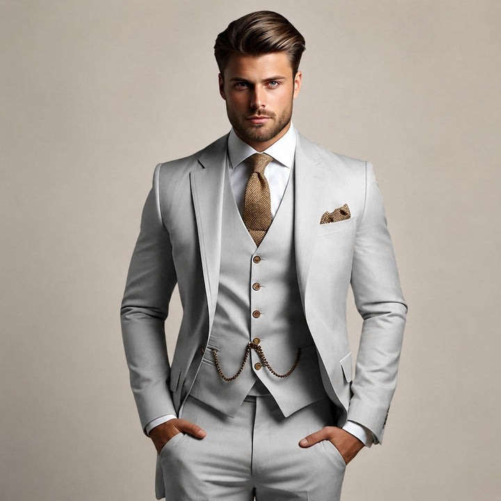Traje masculino sofisticado de 3 peças para casamento e eventos formais. Inclui paletó, colete e calça.