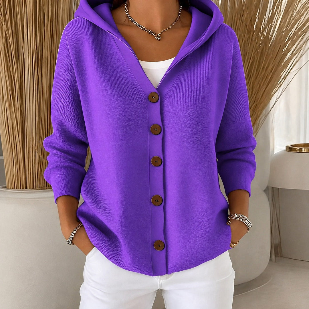 Cardigã feminino de manga comprida com capuz, moda aconchegante e confortável para o dia a dia.